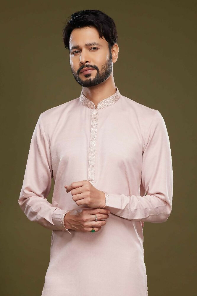 Raivat Ethnic Art Banarasi Silk Thread Work Kurta Pajama In Pink Colour
