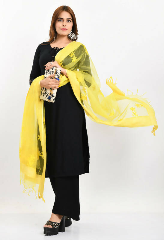 Mominos Fashion Moeza Women's Orgenza All Over Chikan Work Lemon Yellow Dupatta - Distacart