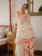 Prime Volt Women's Off-White Floral Digital Print Soft Linen Saree With Blouse - Distacart