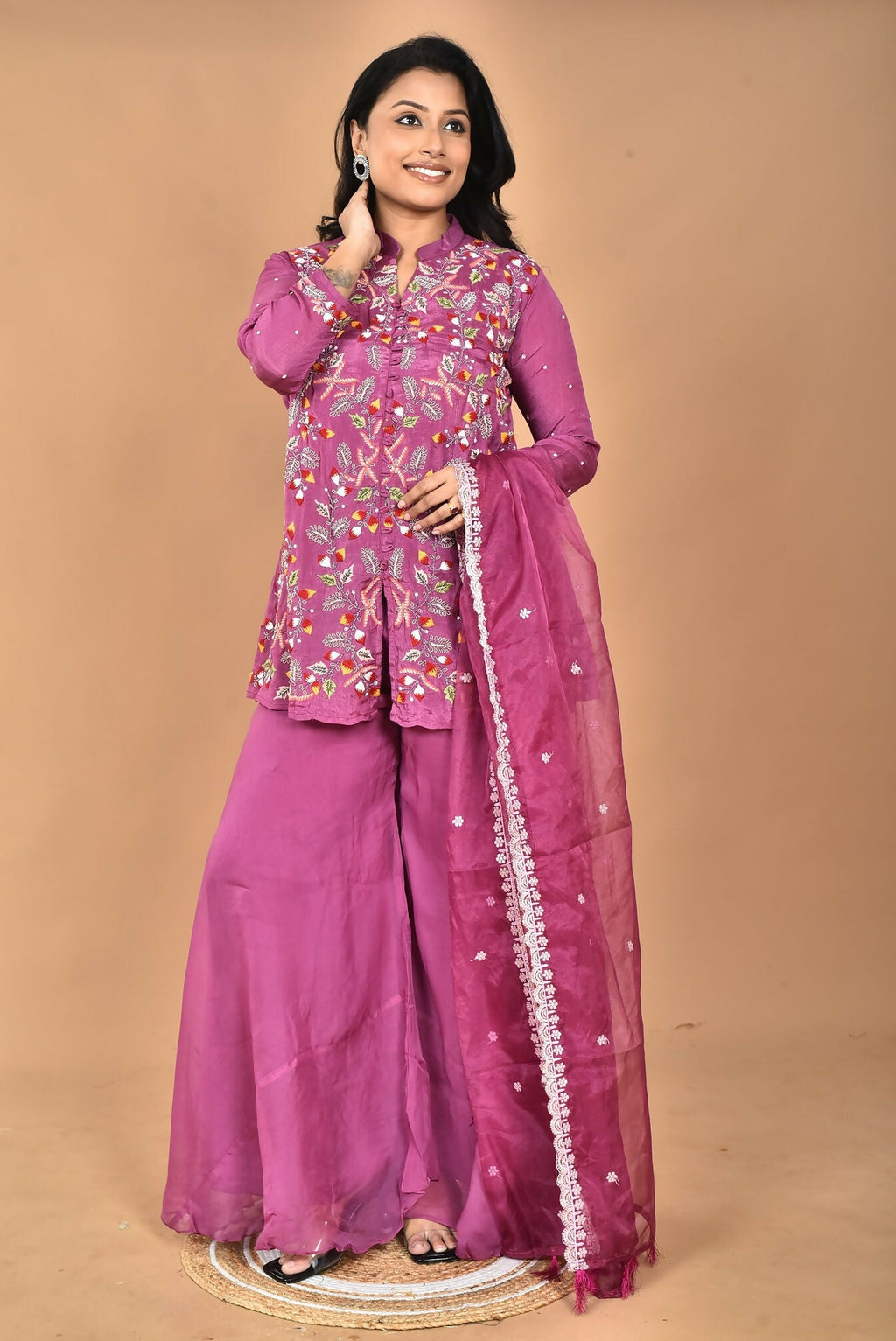 Morchari Women And Hand Embroidery Palazzo Set-Purple