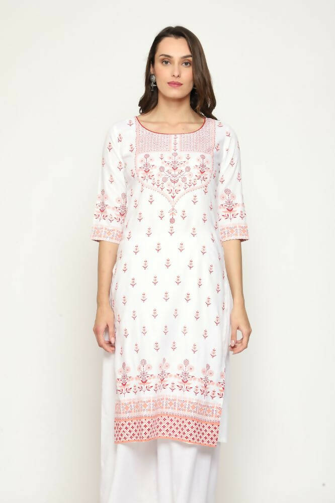 Maai Rayon Hand Printed Kurta Off-White - Distacart