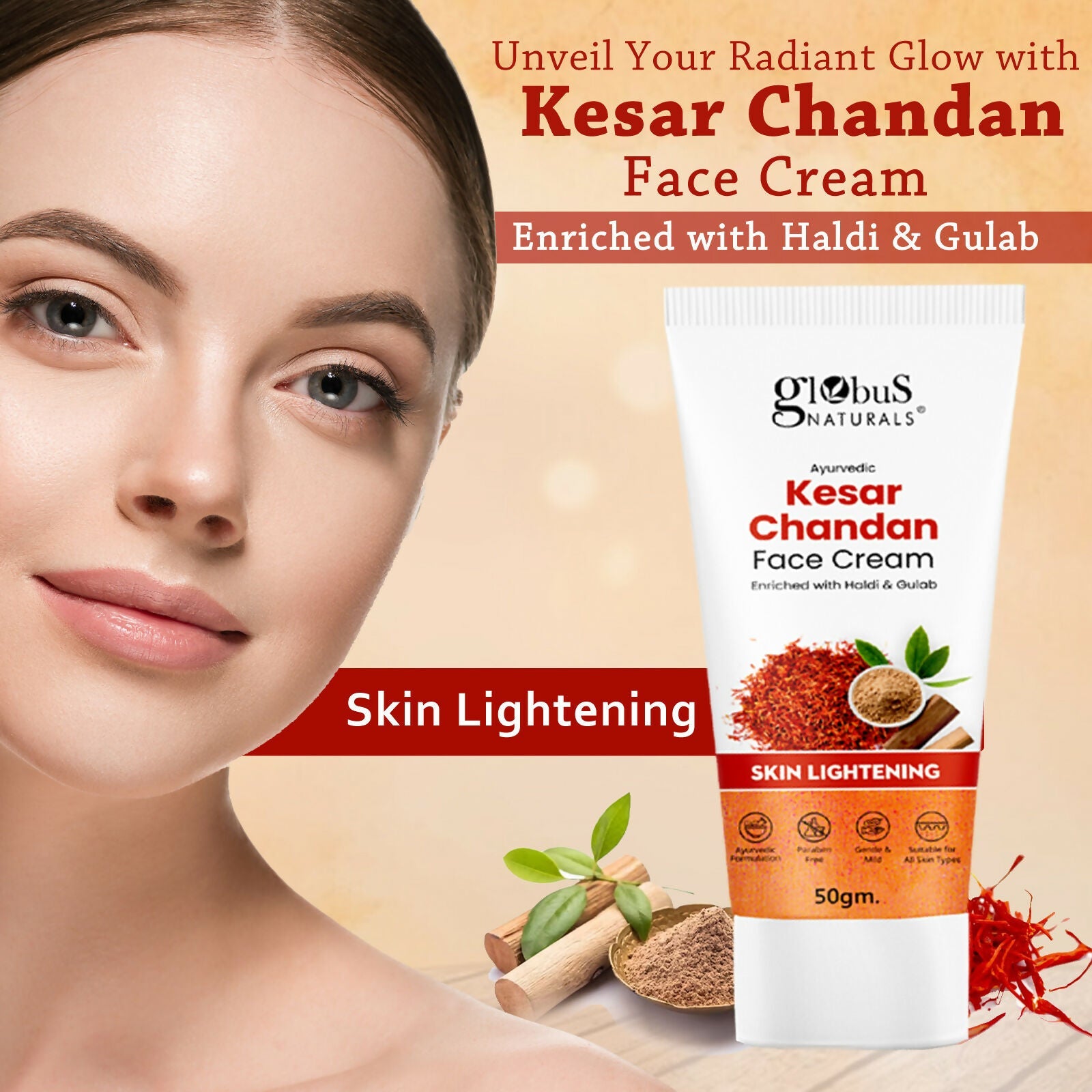 Globus Naturals Daily Glow Kesar Chandan Face Cream with SPF, Skin Lightening Formula For All Skin Types - Distacart