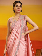 Peach Silk Satin Plain Ready to wear Saree with stitched Blouse - Vrinda