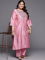 Sztori Plus Size Geometric Embroidered Mirror Work Straight Kurta with Trousers - Distacart