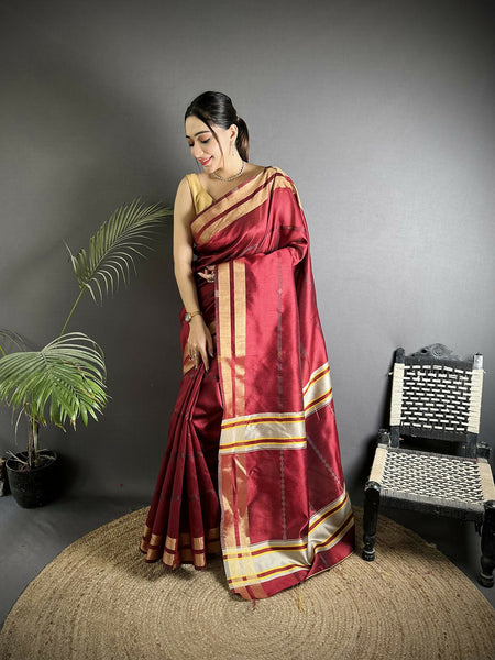 Joban Fashion Red Woven Pattern Raw Silk Kanjivaram Silk Saree