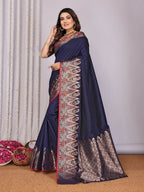Joban Fashion Banarasi Navy Blue Jacquard Woven Soft Silk Saree - Distacart