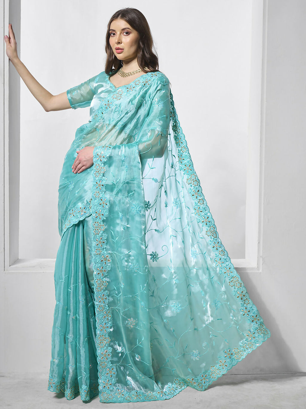 Blue Burburry silk Designer Embroidery Work Saree - Shezlin