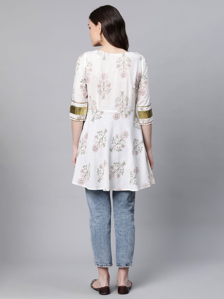 Ahalyaa Women Off White Pure Cotton Floral Printed Tunic - Distacart