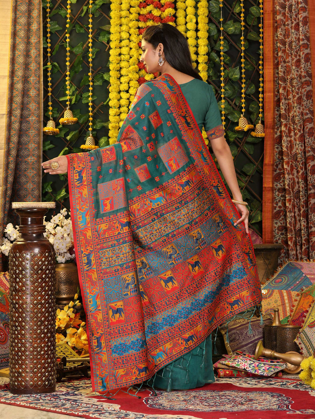 Shree Shyam Fashion Linen Cotton Rama Green Saree - Distacart