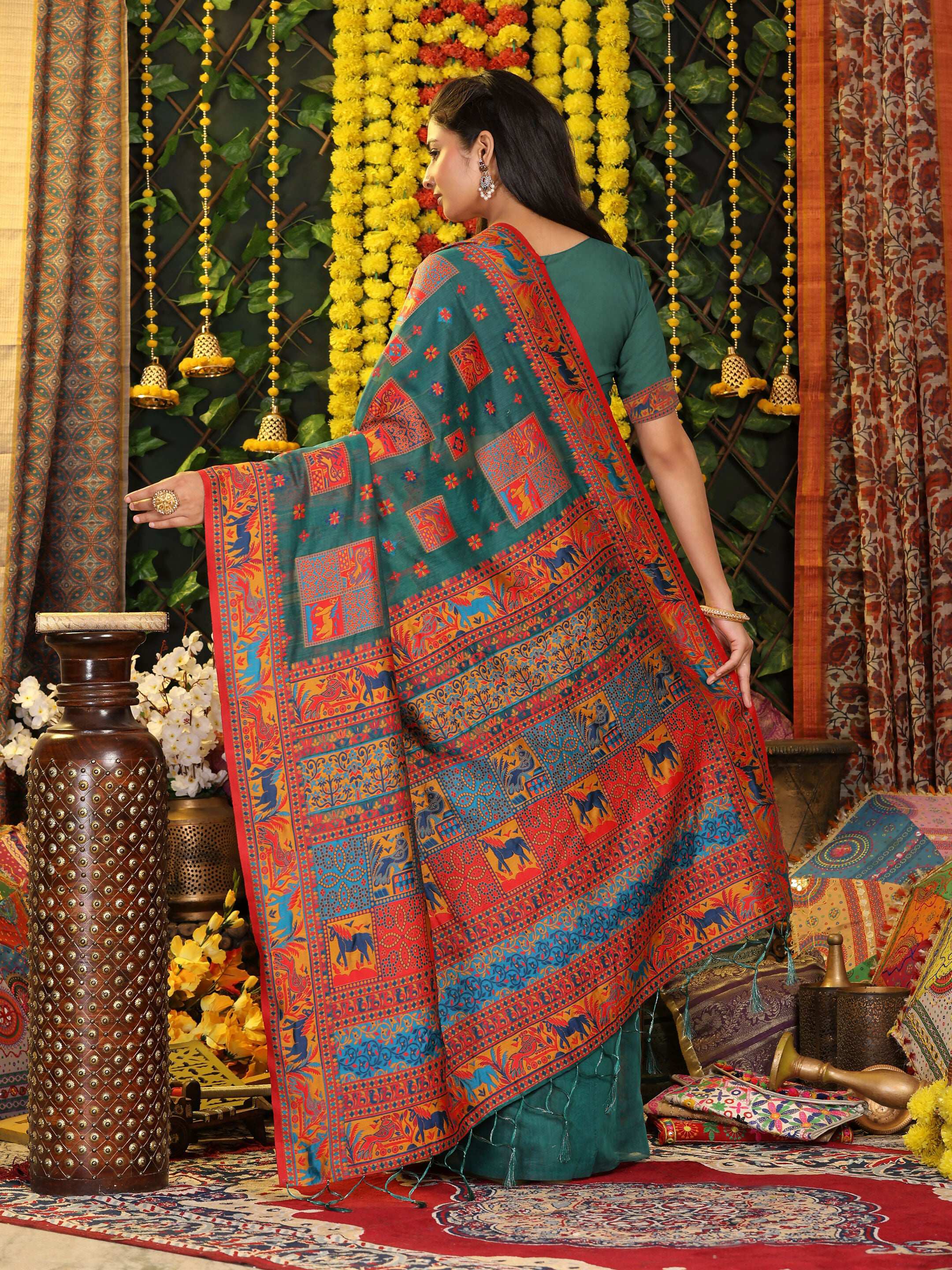 Shree Shyam Fashion Linen Cotton Rama Green Saree - Distacart