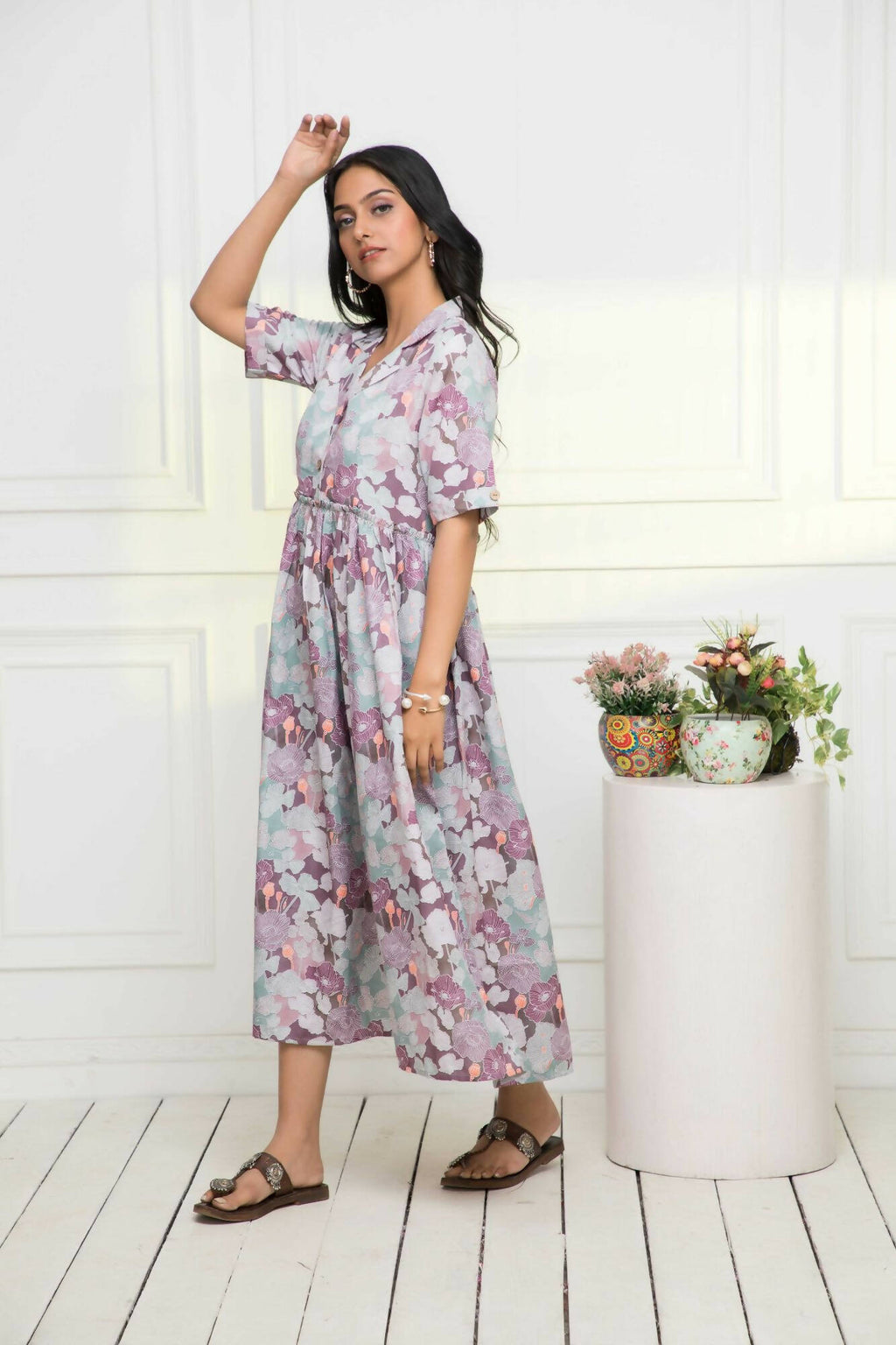 Myshka Women Multi-Floral Rayon A-Line V-Neck Dress - Distacart