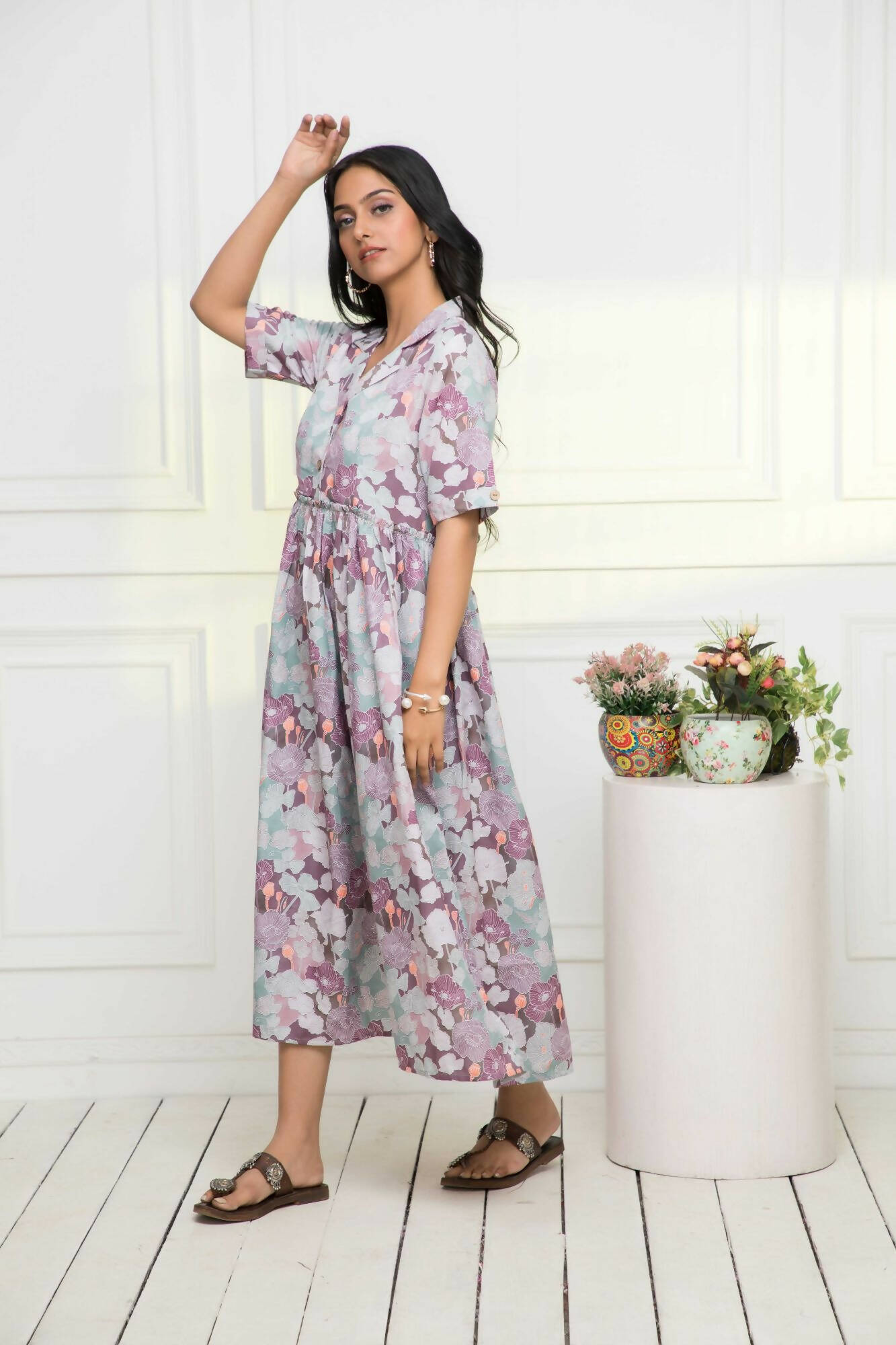 Myshka Women Multi-Floral Rayon A-Line V-Neck Dress - Distacart