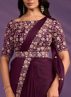 Wine Crepe Satin Silk Embroidered Saree With Stitched Blouse - Mohmanthan Exotica - Distacart
