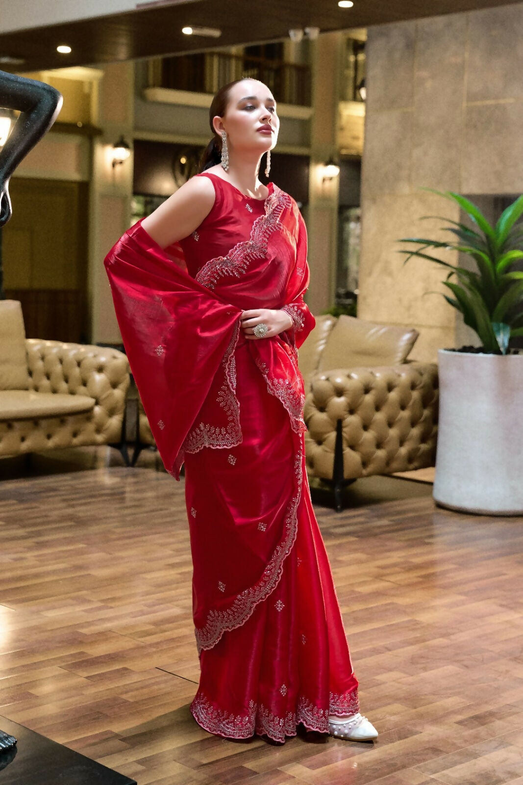 Vastranavya Red Embroidery Work Shimmer Chiffon Saree with Unstitched Blouse - Distacart