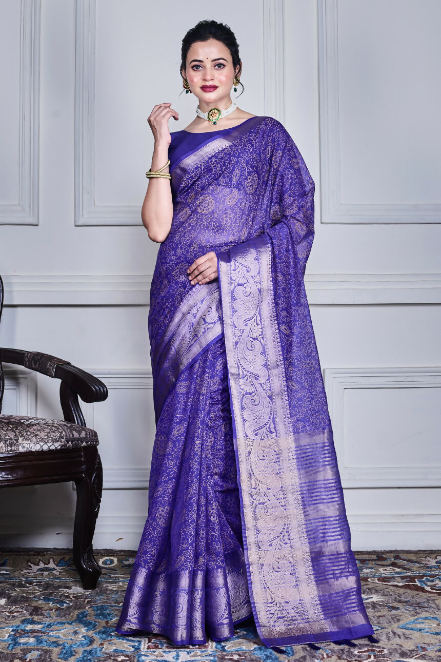 Morchari Dark Blue Script Printed Orzanga Saree Unstitched Blouse - Distacart