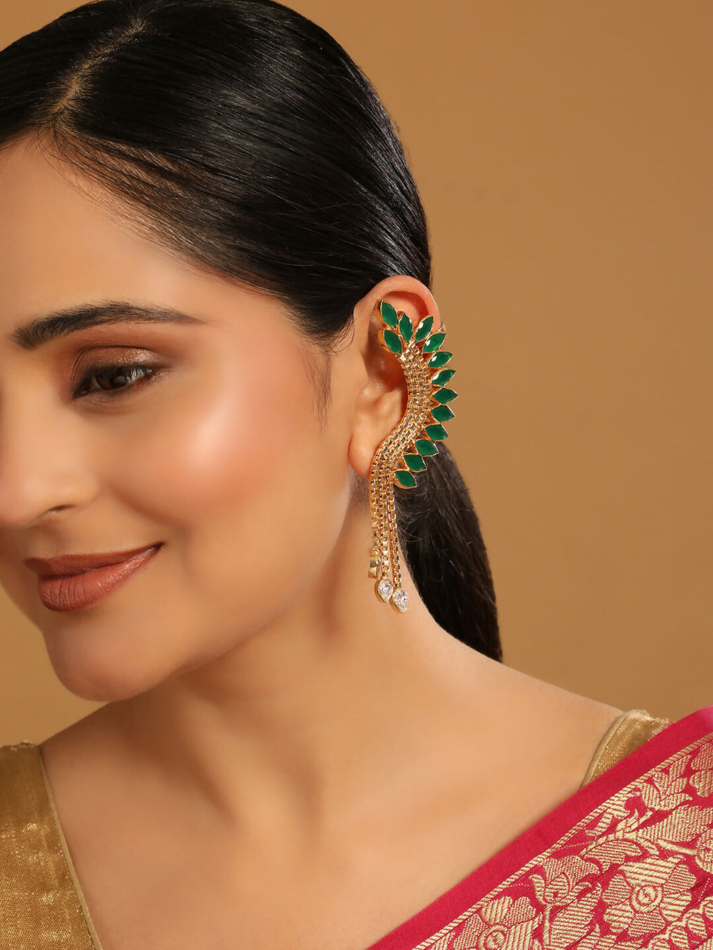 Nuyug 22K Gold Plated Faux Emerald Studded Contemporary Ear Cuff Earrings - Distacart
