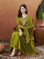 The52 Light Green Women's Beautiful Vichitra Silk Fabric Embroidered Work Flared Anarkali Pant and Dupatta Set - Distacart