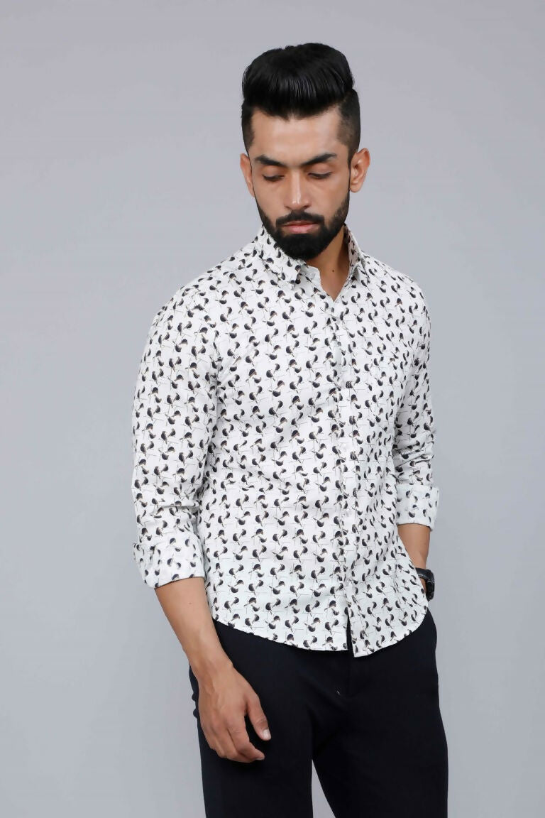 Miravan Men's White Spread Collar Bird Print Casual Shirt
