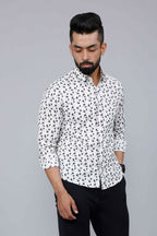 Miravan Men's White Spread Collar Bird Print Casual Shirt