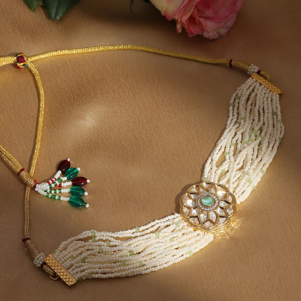 Pearl and Kundan Choker with Intricate Flower Design (White) - Ruby Raang