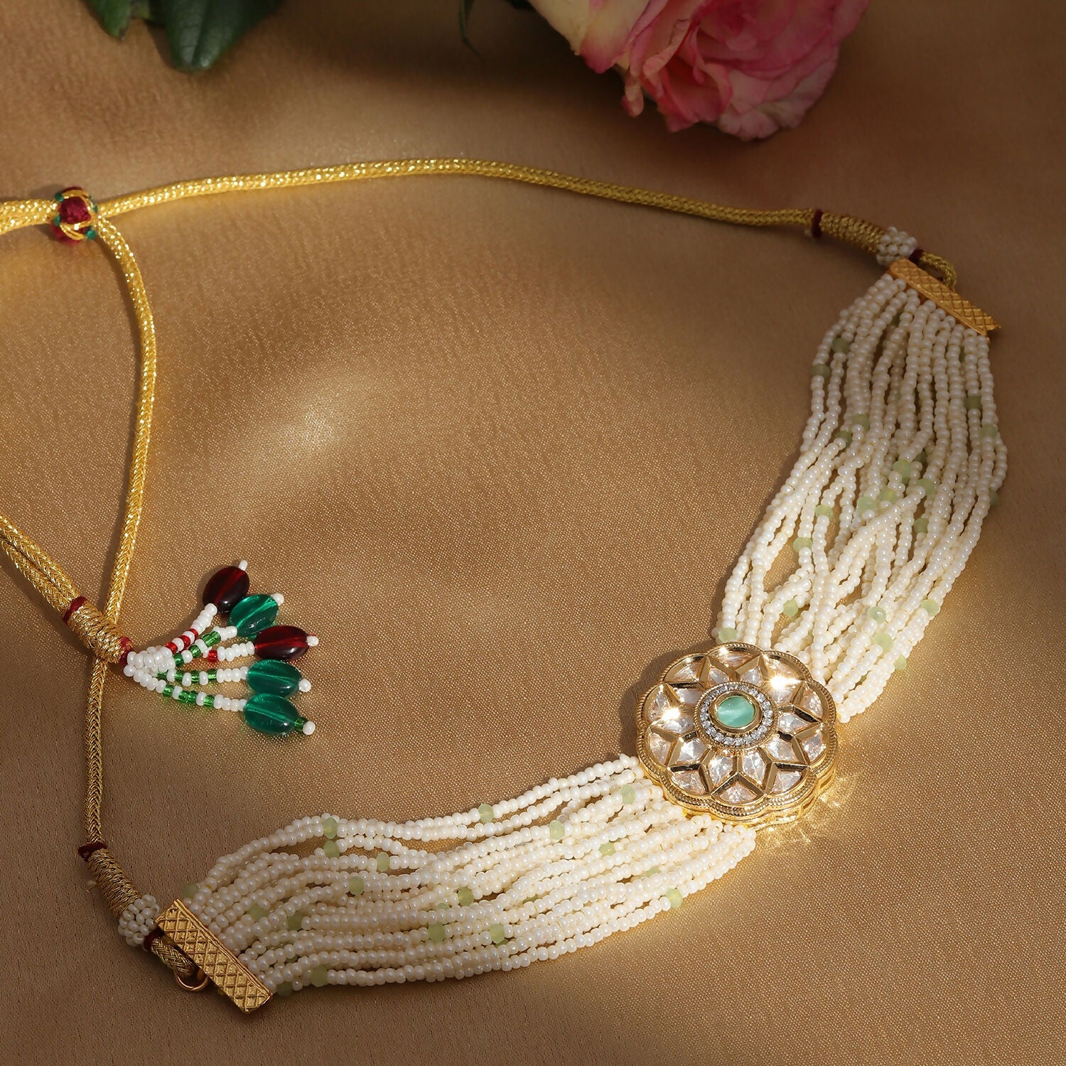 Pearl and Kundan Choker with Intricate Flower Design (White) - Ruby Raang