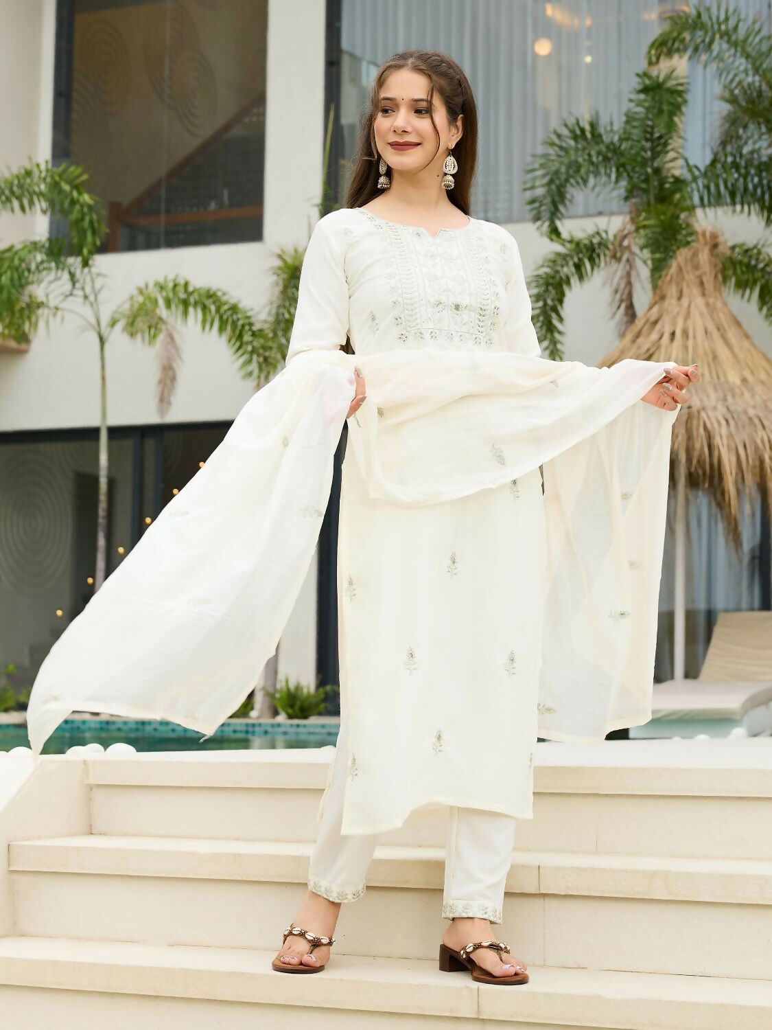 The52 White Women's Beautiful Rayon Slub Fabric Embroidered Work Straight Kurta, Pant and Dupatta Set - Distacart
