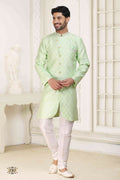 Raivat Ethnic Banarasi Jacquard Embroidery Semi Indo Western Sherwani In Pista Green Colour