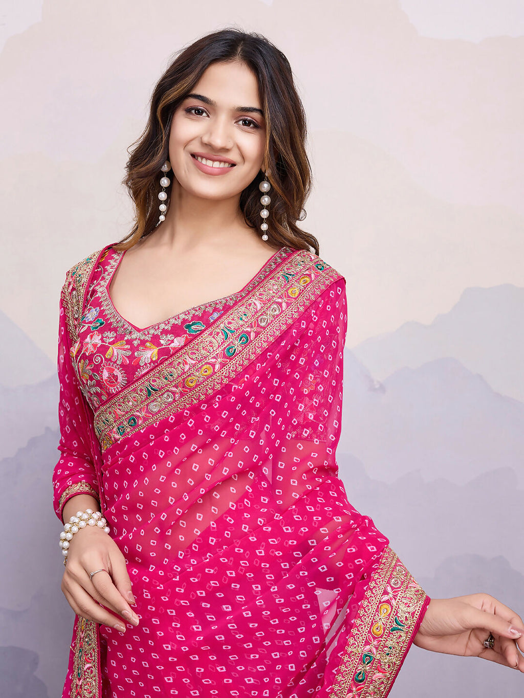 Pink Georgette Bandhani Printed,Embroidery Work Saree - Surkhi