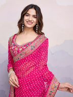 Pink Georgette Bandhani Printed,Embroidery Work Saree - Surkhi