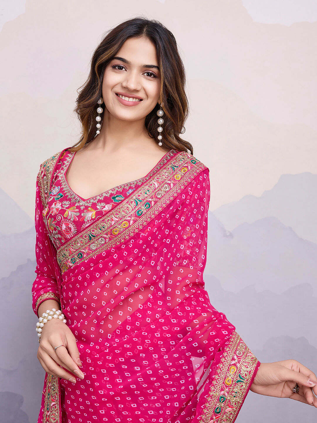 Pink Georgette Bandhani Printed,Embroidery Work Saree - Surkhi