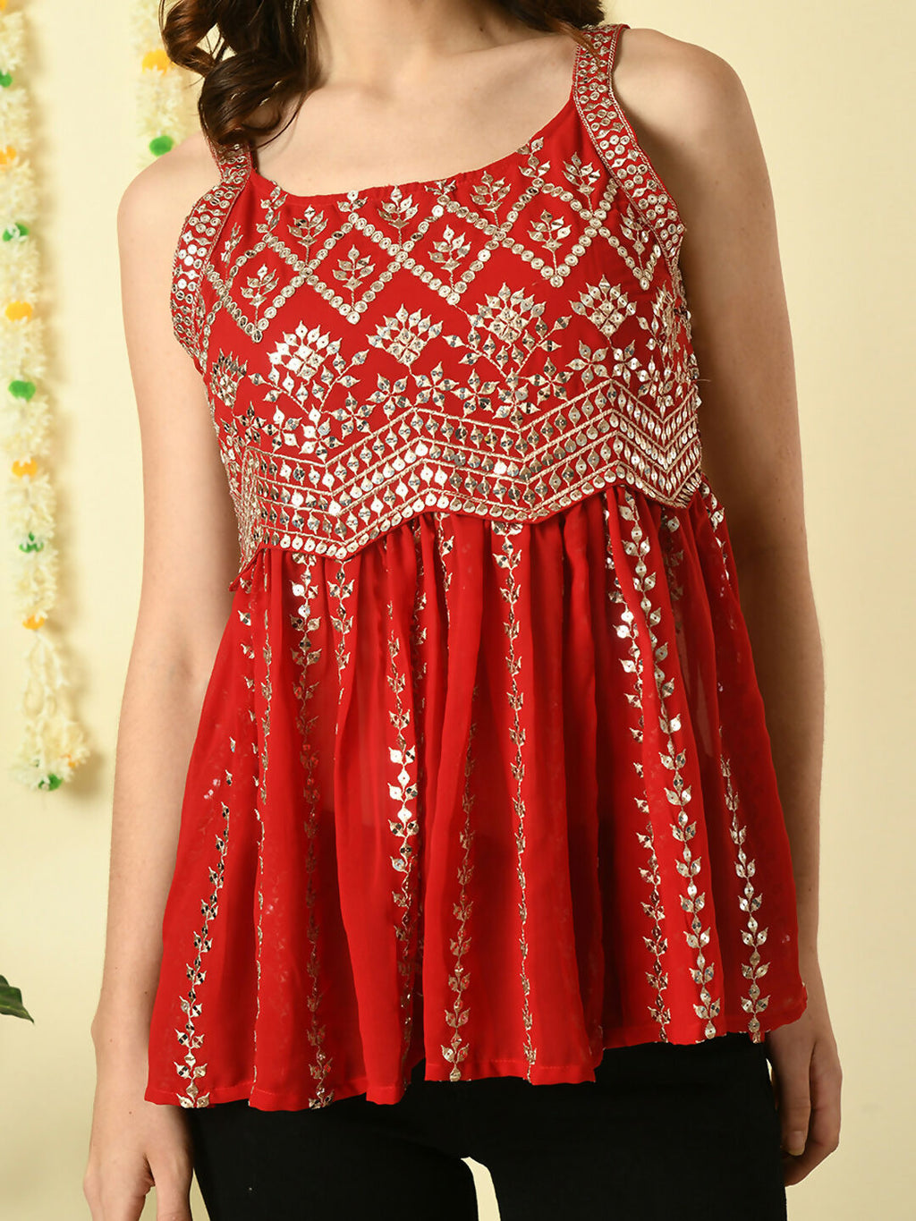 Myshka Women's Red Embroidered Party Fusion Top