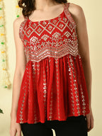Myshka Women's Red Embroidered Party Fusion Top