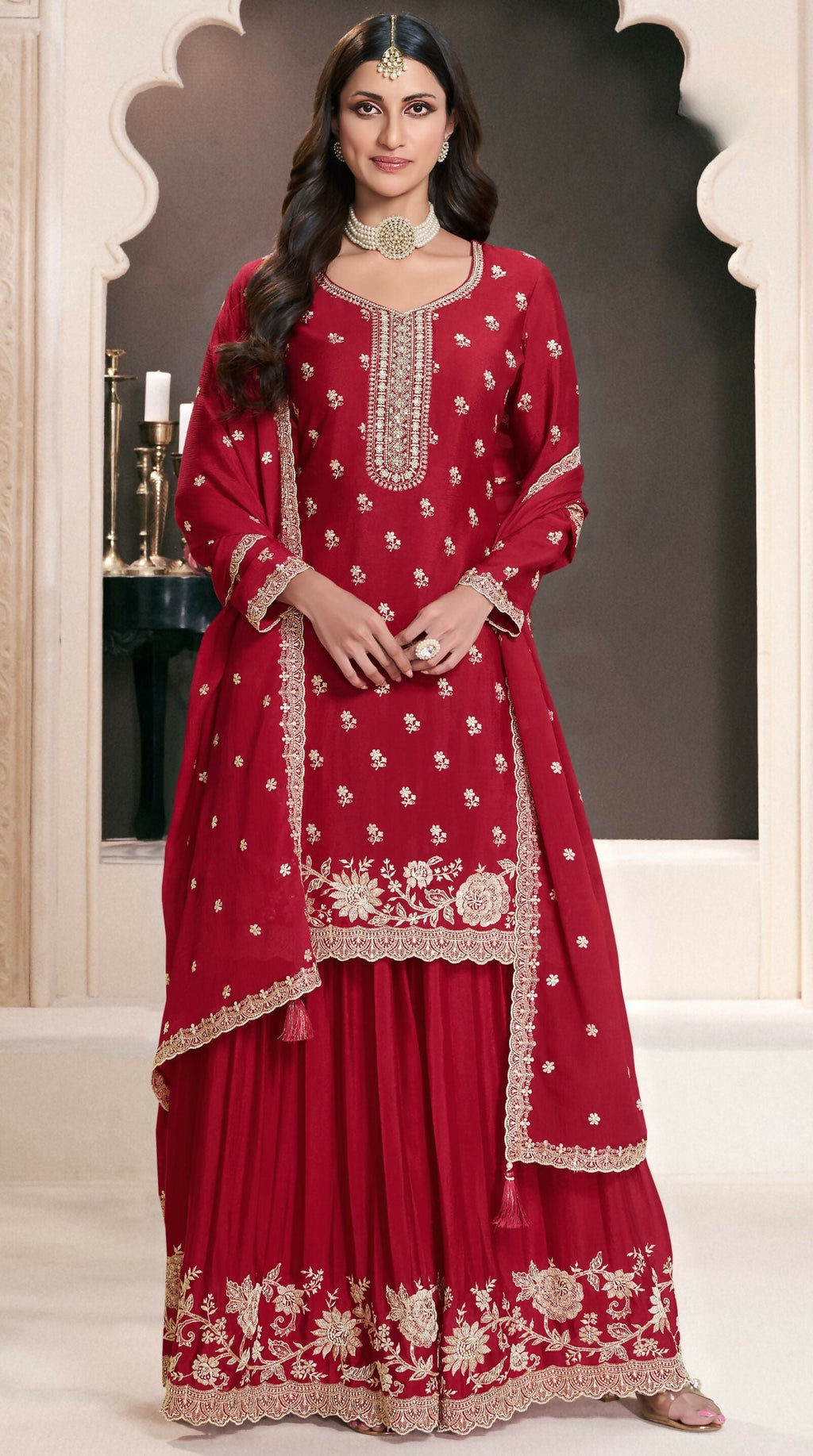 Anaita Red Chinon Embroidered Thread Work Stitched Salwar Suit - Distacart