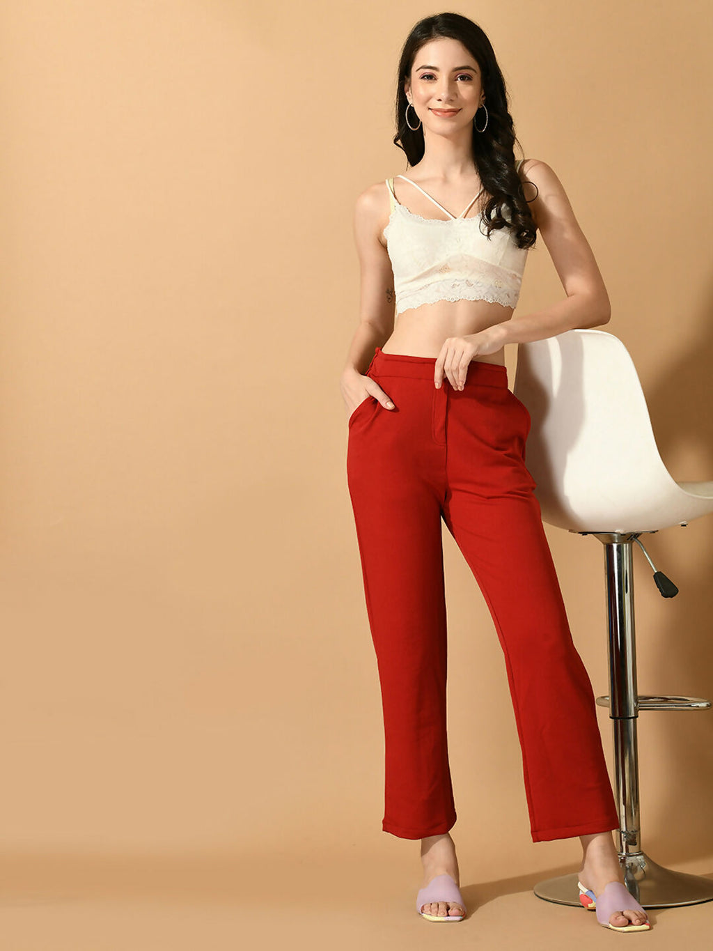 Myshka Women's Red Straight Fit Party Trouser