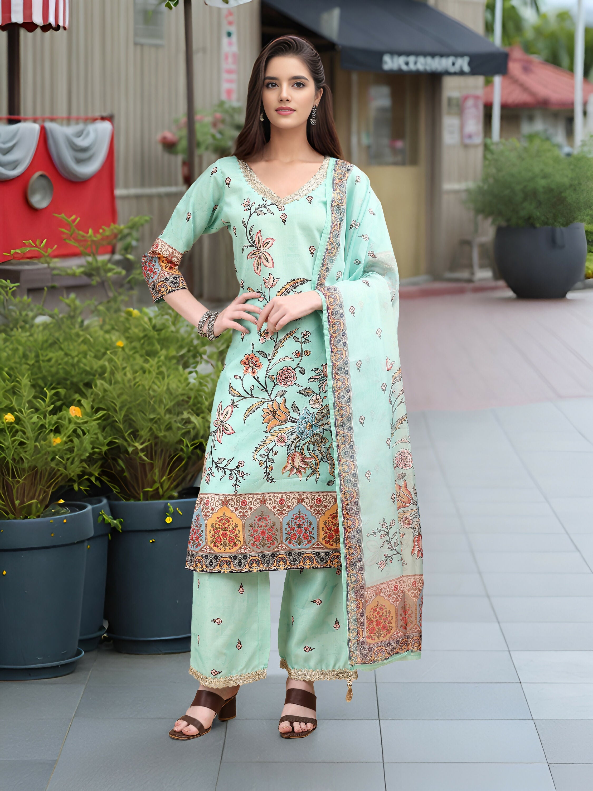 Joban Fashion Sky Blue Positive Digital Print With Position Foil Kurta Set - Distacart