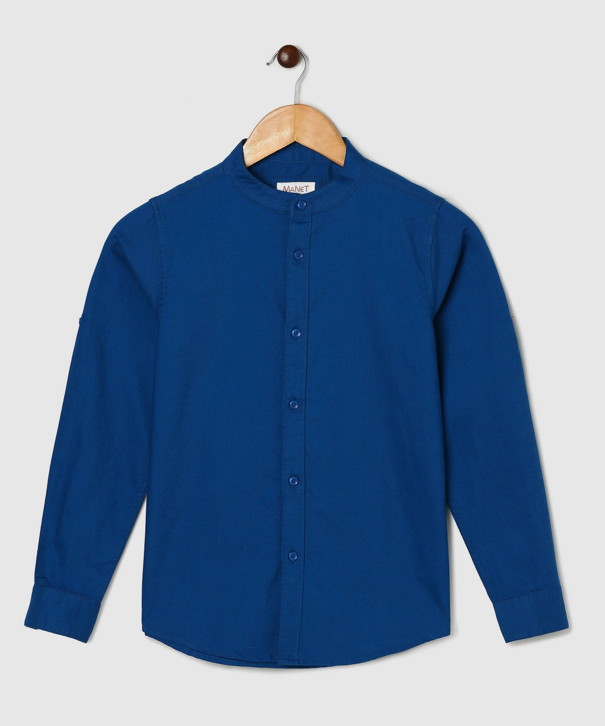 Manet Boys Mandarin Collar Full Sleeves Solid Shirt -Blue