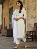 Juniper Women's White Chinnon Solid Embroidered Kurta Set - Distacart