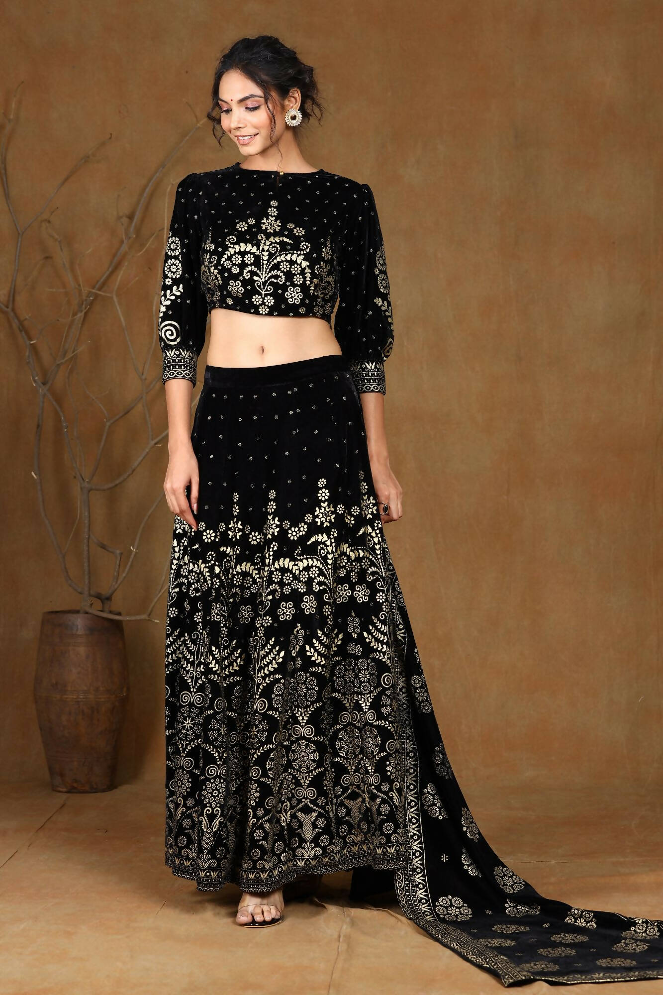 Juniper Women Black Velvet Printed Flared Lehenga Choli Sets - Distacart