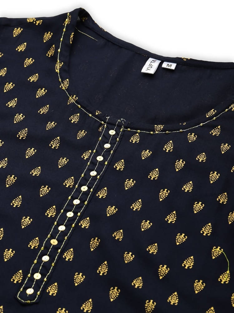 Yufta Women Navy Blue Golden Print Kurta
