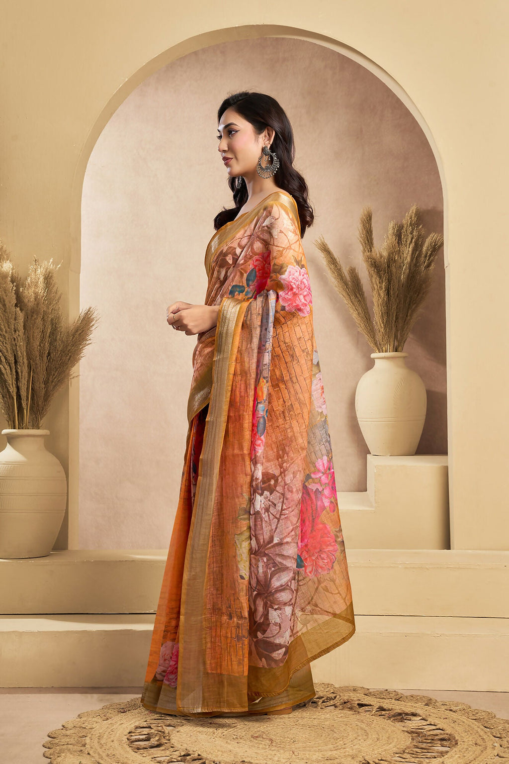 Vastranavya Orange Digital Printed Linen Ready To Wear Designer Saree with Unstitched Blouse - Distacart