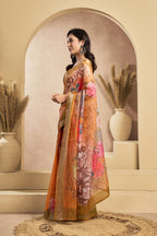 Vastranavya Orange Digital Printed Linen Ready To Wear Designer Saree with Unstitched Blouse - Distacart