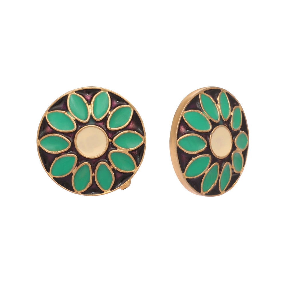 Nuyug 22K Gold Plated Circular Shaped Sea Green Enamelled Floral Motif Studs - Distacart