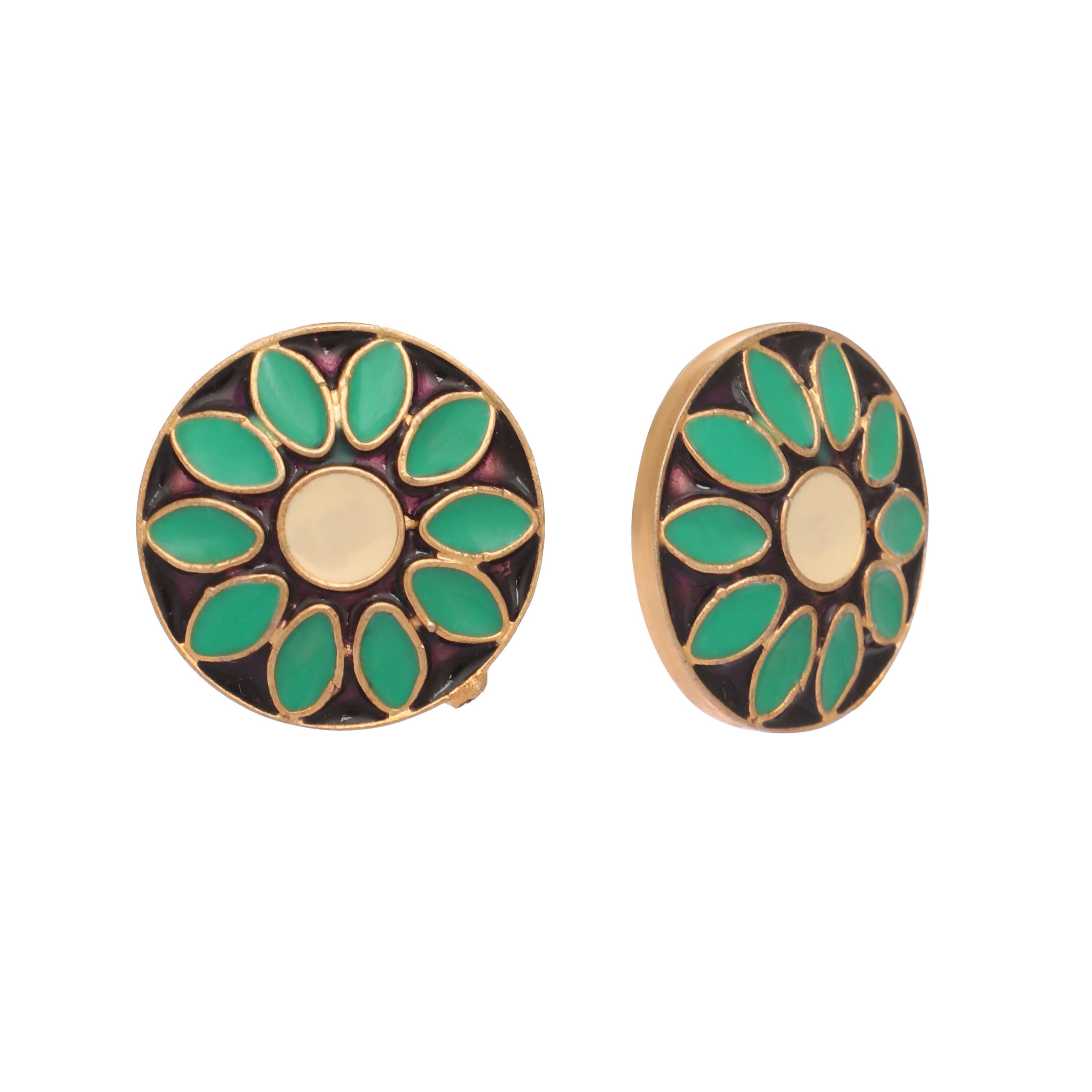 Nuyug 22K Gold Plated Circular Shaped Sea Green Enamelled Floral Motif Studs - Distacart