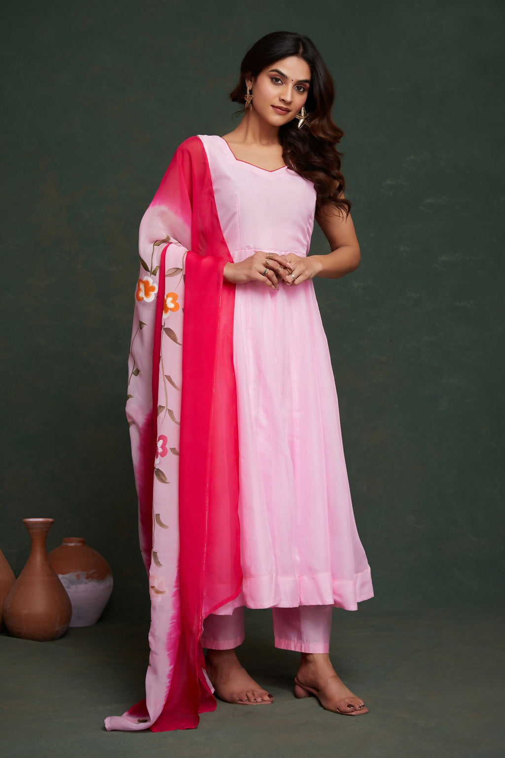 Aayaa Viscose Organza Dyeable Hand Painted Suit - Light Pink