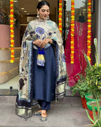 The52 Navy Blue Women's Beautiful Viscose Chanderi Fabric Embroidered Work Straight Kurta Pant and Dupatta Set - Distacart