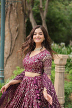 Lorenvalley Wine Pure Viscose Jacquard with Golden Embroidered Sequins work Lehenga Choli