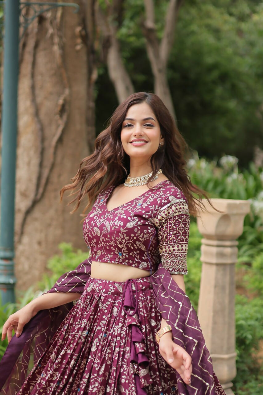 Lorenvalley Wine Pure Viscose Jacquard with Golden Embroidered Sequins work Lehenga Choli