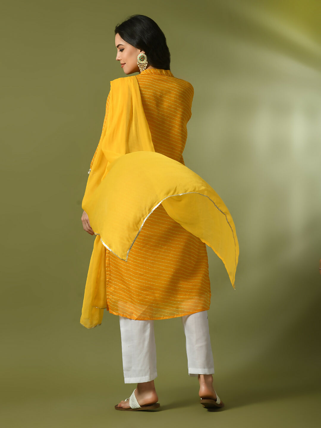 Myshka Women's Yellow Printed Kota Straight Party Kurta Set With Dupatta