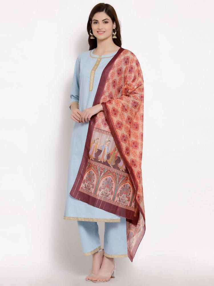 Myshka Women's Blue Cotton 3/4 Sleeve Round Neck Solid Casual Kurta Pant Dupatta Set