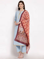 Myshka Women's Blue Cotton 3/4 Sleeve Round Neck Solid Casual Kurta Pant Dupatta Set